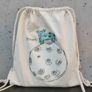 Natural canvas drawstring backpack with hand-drawn cow on the moon and "Moooon" text - Mooon by gumi-gumi
