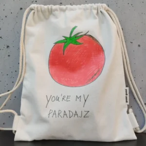 Natural canvas drawstring backpack with hand-drawn tomato illustration and "You're My Paradajz" text - Paradajz by gumi-gumi