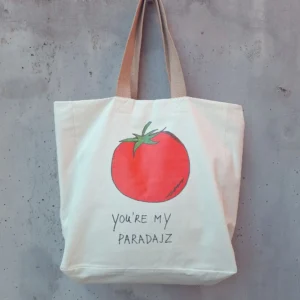 Natural canvas tote bag with hand-drawn tomato illustration and "You're My Paradajz" text — gumi-gumi
