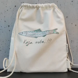 Natural canvas drawstring backpack with hand-drawn anchovy illustration and "Koja riba" text — What a catch! by gumi-gumi
