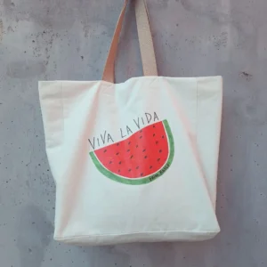 Natural canvas tote bag with hand-drawn watermelon illustration and "Viva la Vida" text, Frida Kahlo — gumi-gumi
