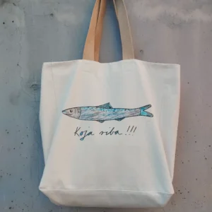Natural canvas tote bag with hand-drawn anchovy illustration and "Koja Riba!!!" text; What a catch by gumi-gumi