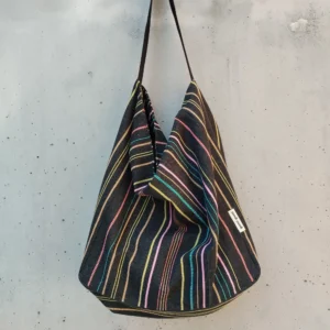 Black cotton canvas shoulder bag with multicolour stripe pattern, single strap — Aura by gumi-gumi