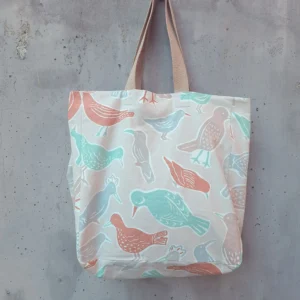 Natural cotton canvas tote bag with illustrated multicolour bird print — Avia by gumi-gumi