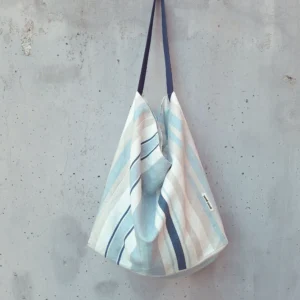 White cotton canvas shoulder bag with blue and beige stripe pattern, single navy strap — Azura by gumi-gumi