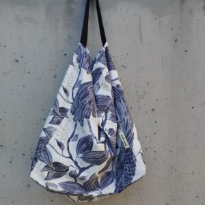 White cotton canvas shoulder bag with dark blue botanical tropical birds print, single navy strap; Melody by gumi-gumi
