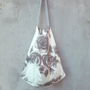 White cotton canvas shoulder bag with dark monochrome rose print, single light gray strap — Mist by gumi-gumi