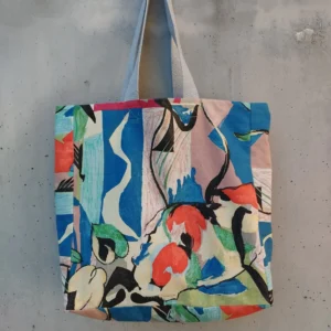 Natural cotton canvas tote bag with bold abstract print in blue, red and green — Muse by gumi-gumi