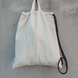 Natural white linen drawstring backpack with dark brown cotton cord and top handles — Alba by gumi-gumi