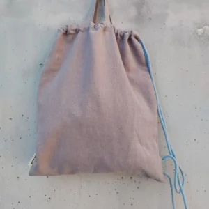 Gray linen drawstring backpack with baby blue cotton cord and top handles — Ash by gumi-gumi