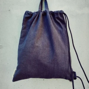 Dark blue linen drawstring backpack with dark blue cotton cord and top handles — Astra by gumi-gumi