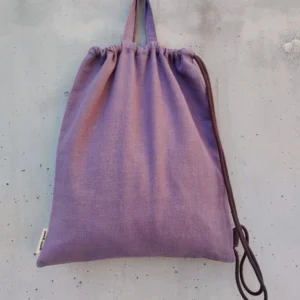 Lavander purple linen drawstring backpack with dark brown cotton cord and top handles — Lina by gumi-gumi