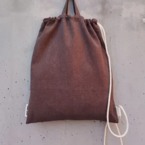 Mocha linen drawstring backpack with natural white cotton cord and top handles — Mocha by gumi-gumi