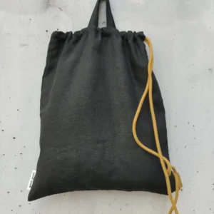 Black linen drawstring backpack with golden brown cotton cord and top handles — Nox by gumi-gumi