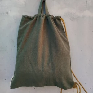 Olive green linen drawstring backpack with golden brown cotton cord and top handles — Ollie by gumi-gumi