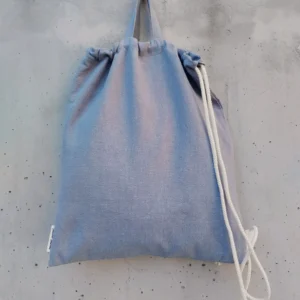 Slate blue linen drawstring backpack with natural white cotton cord and top handles; Steel by gumi-gumi