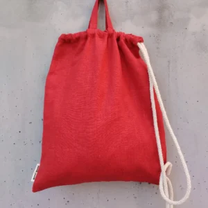Crimson red linen drawstring backpack with natural white cotton cord and top handles — Terra by gumi-gumi
