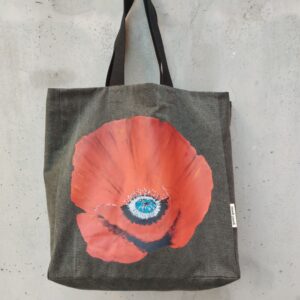 Turquoise cotton tote bag with red poppy DTF print by gumi-gumi