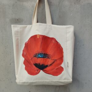 Turquoise cotton tote bag with red poppy DTF print by gumi-gumi