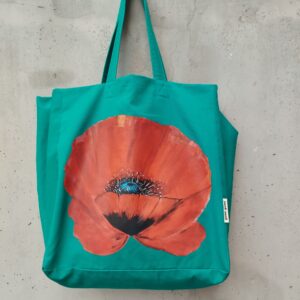Turquoise cotton tote bag with red poppy DTF print by gumi-gumi