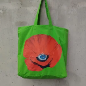 Green cotton tote bag with red poppy DTF print by gumi-gumi