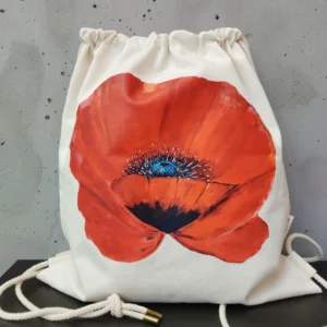 Cotton twill string backpack with red poppy DTF print by gumi-gumi